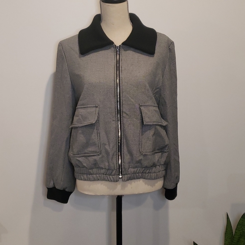 CLUB MONACO Houndstooth Knit Collared Bomber Jacket